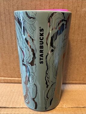 Starbucks 2022 Silver Green Swirl 12oz Tumbler Ceramic Purple Lid